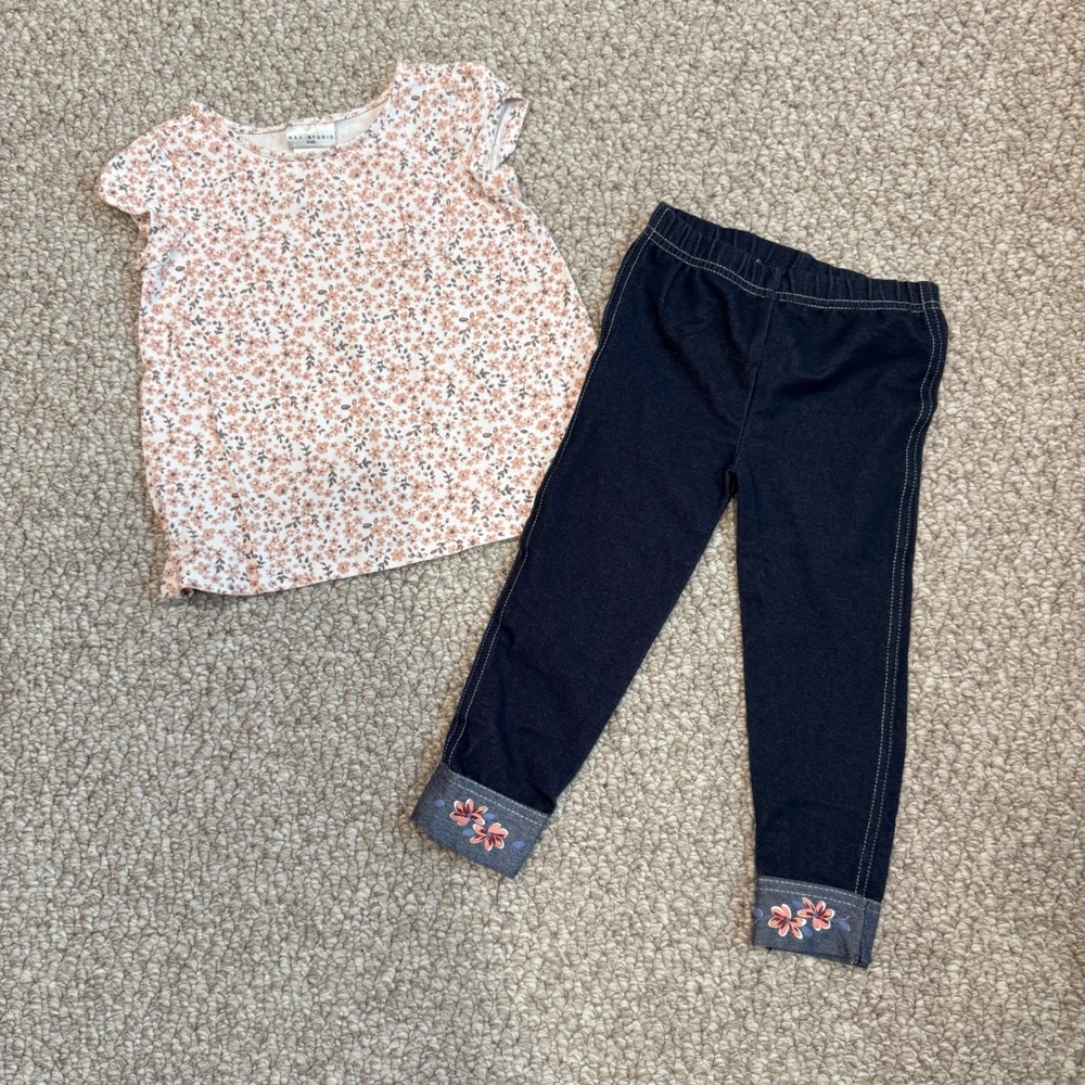 Max‎ Studio Kids Girls Floral Top and Denim Leggings Set Size 4T